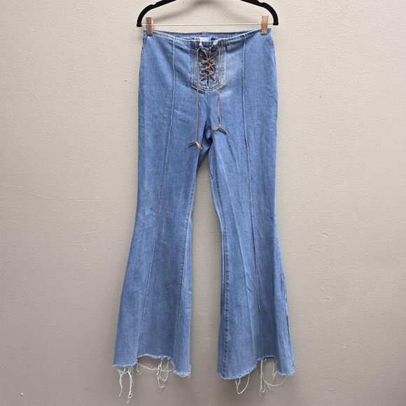 SO Flare Jeans Womens 9 29W Blue Lace Up Front High Waist Frayed Hem Retro Y2K - Picture 1 of 11